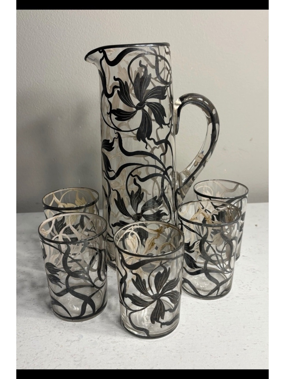 Antique Art Nouveau Glass Silver Overly Floral Pitcher & 5 Tumblers set